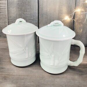 Gardener's Eden Coffee Mug Cup Light Green Embossed Bamboo Celadon Green Set2